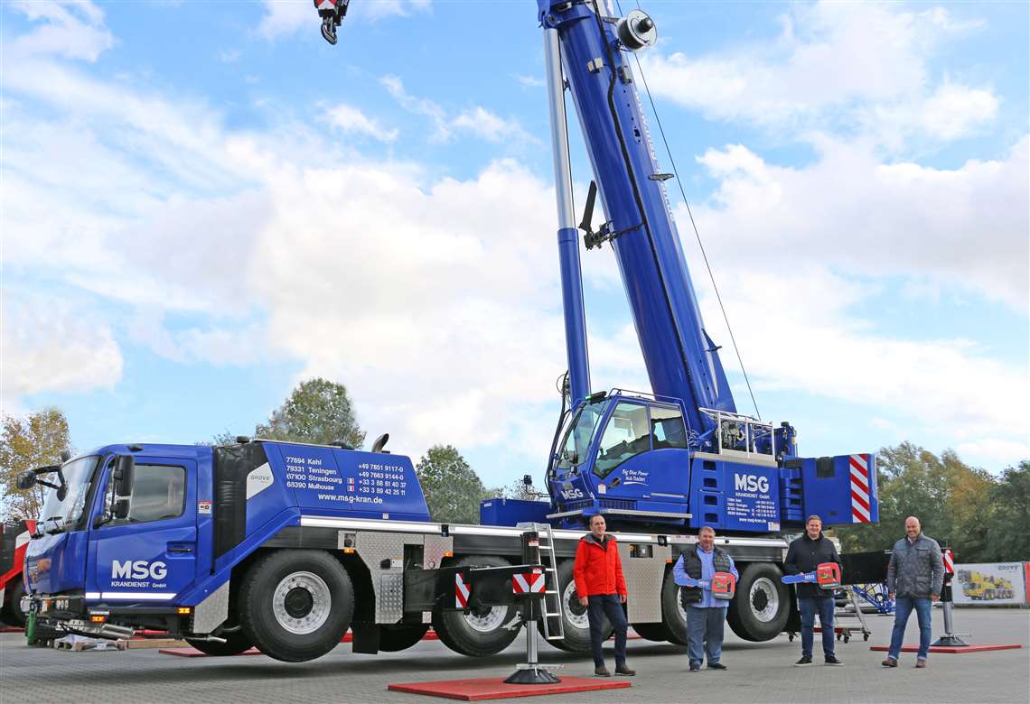 Lukas Brämer, sales representative at KranAgentur Werner, the dealer selling the crane; Alfred Jatz, MSG Krandienst partner; Björn Jatz, MSG Krandienst managing director; and Andreas Werner, KranAgentur Werner managing director