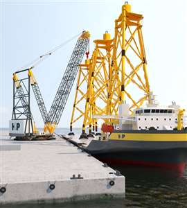 HLP has modelled the combination of its fully electric ring cranes and a DP flat deck carrier for transport of windfarm jackets