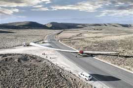 83 metre wind turbine blade on one of Vanguard's new Scheuerle RBTS systems