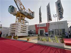 luffing jib tower crane on display at indian tradeshow