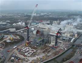 Two Marr Contracting Favco M2480D luffing jib tower cranes working in Cheshire, UK