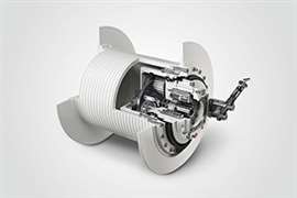 White Liebherr winch drum with cutaway to show the motor and gears inside the drum