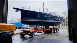 A yacht arrives in Dusseldorf for the annual maritime show.