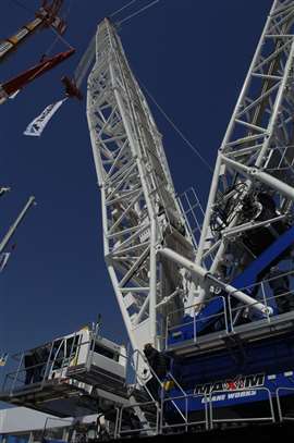 big blue and white Tadano crawler crane at Bauma 2025