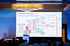 Deakin explaining the energy flow in a Sankey diagram for diesel engine efficiency in a genset working at 40 per cent efficiency