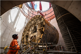 Mammoet lifting one of the complete TBM sections out of the vent shaft