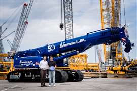 LJP Construction's new Liebherr LTR 1150 telescopic boom crawler crane in the company's blue livery