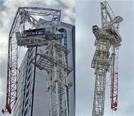 two views of a white and red luffing jib tower crane with its boom blown back and buckled over the buffers