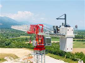 Rear three quarter view of the new red and white CTT 392-16 from Terex Tower Cranes