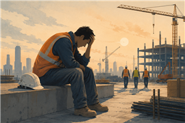 Illustration of a construction worker holding his head in his hand with a white hard hat placed to his side as colleagues walk off a jobsite into the sunset to represent burnout.