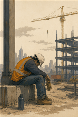 Illustrative image depicting US construction worker suffering burnout. 