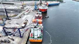 BG Freight Line vessel, BG Orange, with crane collapsed across the ship