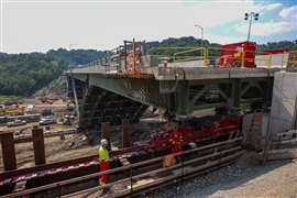 A close-up of the Mammoet skid shoe system used to slide the Commercial Street Bridge 31 metres into position. Photo: Mammoet
