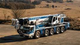 white a nd blue Liebherr LTM 1150-5.4 E hybrid electric AT