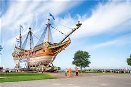 spectacular view of an historic wooden sailing ship on land