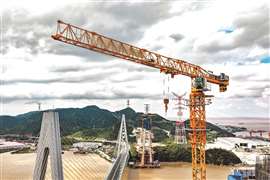 Potain MCT 385 flat top tower cranes building the Zhoushan Taoyaomen Bridge in China 
