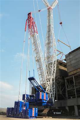 The Tadano CC 78.1250-1 operates in Superlift configuration at the W.H. Sammis Power Station demolition site in Stratton, Ohio, where baghouses perched above Ohio Route 7 required precision dismantling rather than implosion. Photo: Tadano