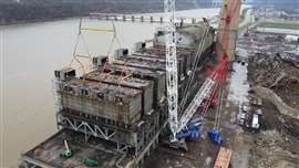 The Tadano CC 78.1250-1 operates in Superlift configuration at the W.H. Sammis Power Station demolition site in Stratton, Ohio, where baghouses perched above Ohio Route 7 required precision dismantling rather than implosion. Photo: Tadano