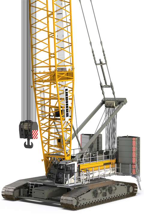 Yellow and white lattice boom crawler crane drawing