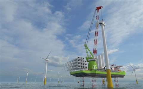 red and white boom green crane on a jack up vessel against cloudy blue sky