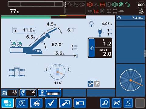 Colour screen showing crane diagram and dimensions