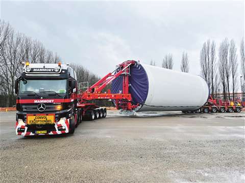 Mammoet purchased four new tower section clamps to transport wind turbine tower sections (Photo: Mammoet)