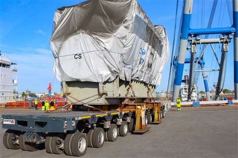 engine on trailer in german port