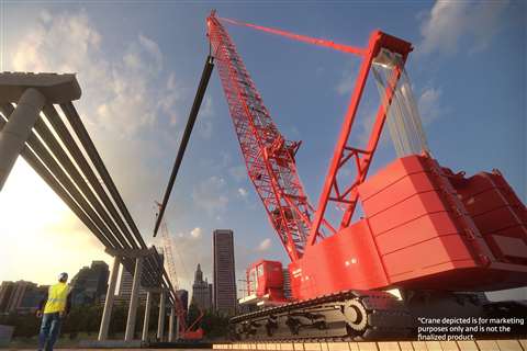 red Manitowoc crawler crane from rear three quarter view