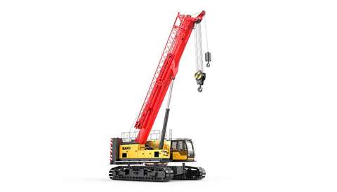 red and yellow Sany crane with its boom up