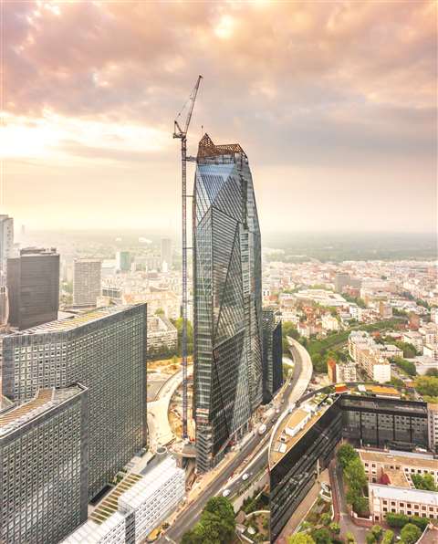 Liebherr 280 HC-L 16/28 luffing jib crane building the 220 metre Hekla tower in La Défense, Paris, France