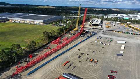 red and yellow Sany crane aerial view