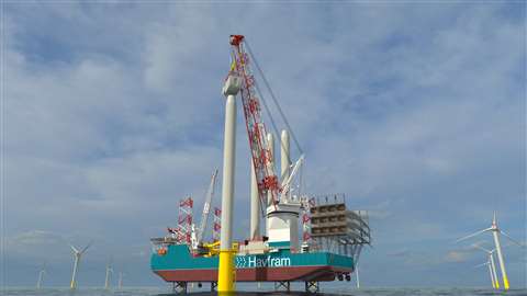 Huisman 3,000 tonne capacity leg encircling crane installing a wind turbine tower offshore