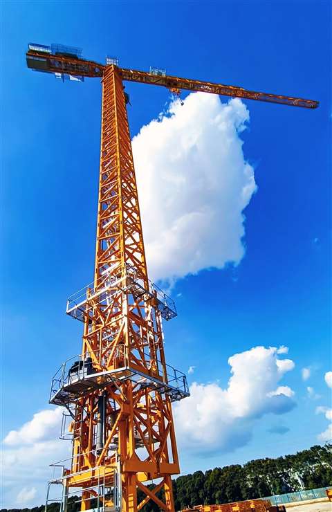 yellow flat top Manitowoc Potain MCT 1105 tower crane