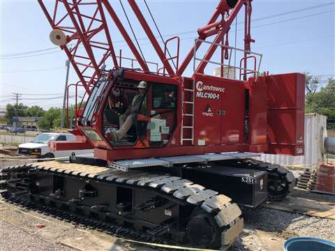 Manitowoc MLC100 lattice boom crawler crane in red