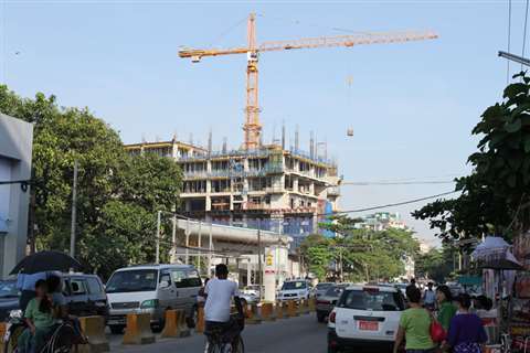 The Liebherr 280 EC-H 12 tower crane on the construction of the Twin Centro development in Yangon, M