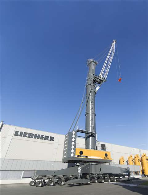 The new Liebherr mobile harbour crane LHM 600 high rise is ready for shipment from Rostock, Germany 