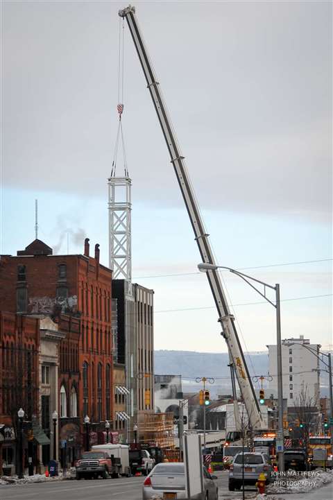 Utica, NY contractor Rig All Inc. used its Terex AC350/6 on the Utica Bank to erect a 150-foot clock