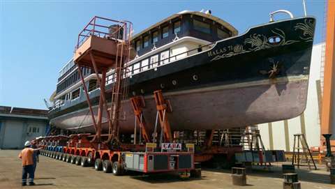 The Halas 71 passenger ferry being moved at the port using a PowerMax module 
