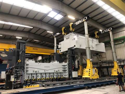 Side shift on Laso's 500 tonne capacity Enerpac gantry simplified industrial press component positioning