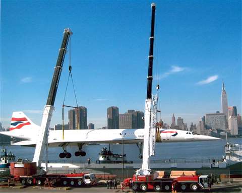 Two Liebherr all-terrain cranes give a Concord jet a helping hand