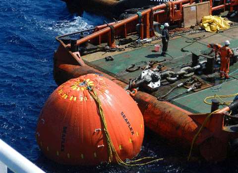 One of the 50 tonne ALBs is installed on the moorings to reduce tension