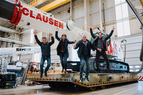 Handing over the new LTR 1060 to Clausen. From left to right are: Geri Clausen, Cornelia Clausen-Ogi (both Clausen Kran AG), Marc Bollinger, Reto Studer (both Liebherr-Baumaschinen AG) at the Liebherr Plant in Ehingen, Germany