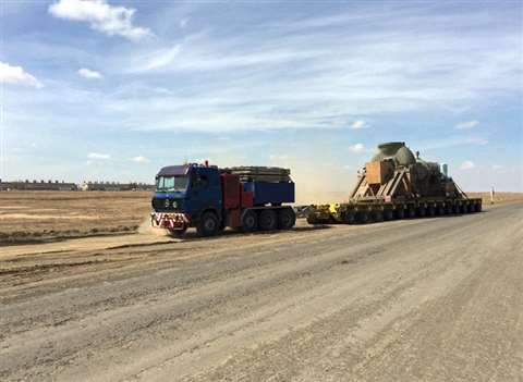 The cargo was moved along the 2,200 km route through the Mangystau desert using 34 axle lines of con