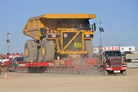 Mammoet moving a fully assembled 590 tonne Cat 797 haul truck to a mine site in Alberta, Canada