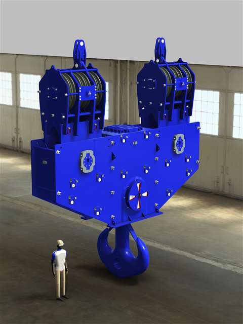 Drawing of the blue painted 1,900 US ton capacity hook block for the Bigge AFRD with a person alongside for scale