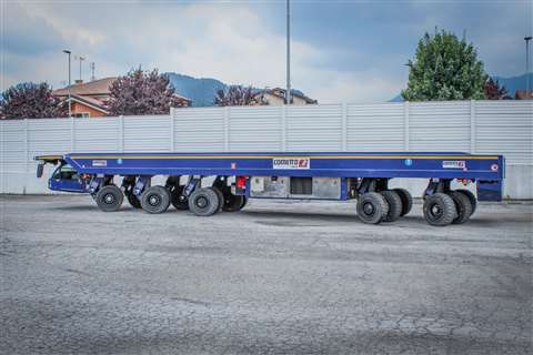 Each axle of the Cometto ETL 5/4E is rated to carry 34.3 tonnes for a total of 140 tonnes on this blue painted five axle unit shown in a side view with a three and two axle configuration