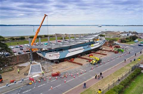 Aerial view of Allelys skidding the landing craft into its final position