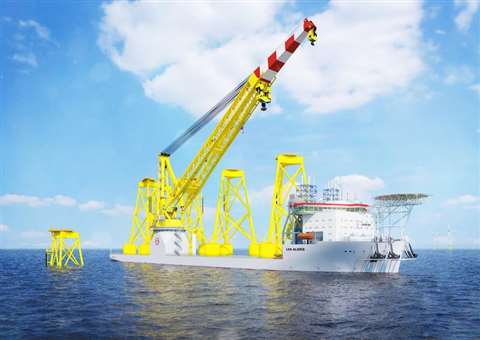 Colour computer drawing of how Jan De Nul Group's new offshore installation crane vessel Les Alizés will look. Big yellow lattice crane with red and white boom tip
